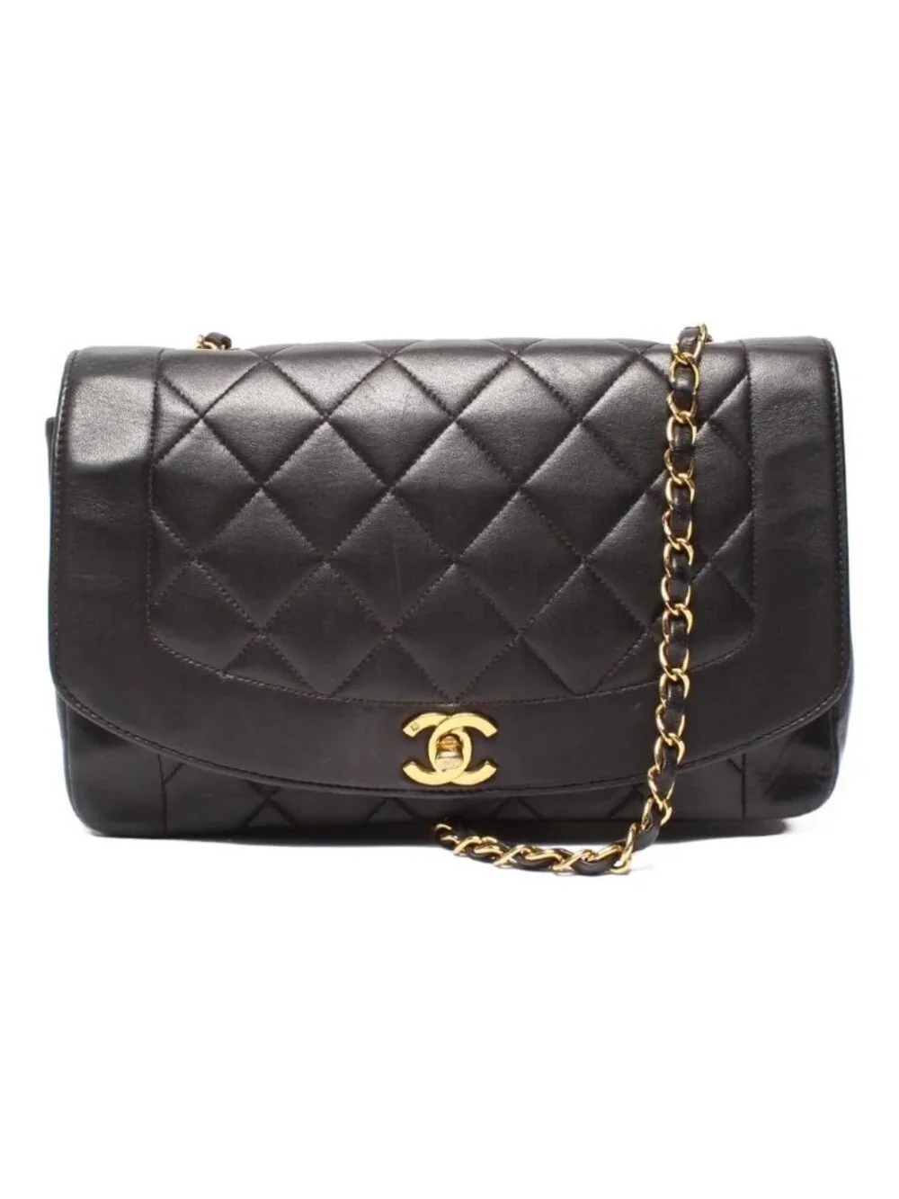 Chanel Chain Shoulder Bag Quilted Gold Lambskin Single Crossbody Diana 25
